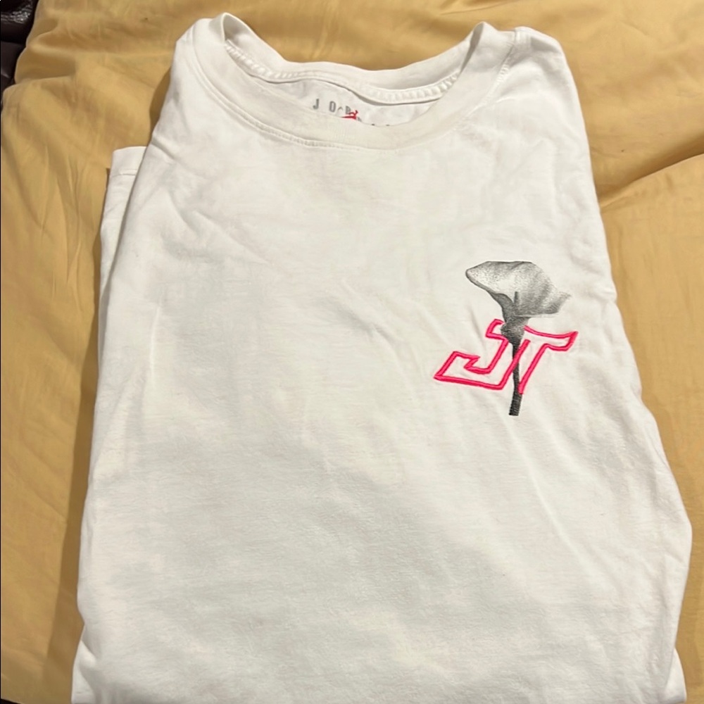 Air Jordan White T-Shirt with Pink and Gray Embroidery